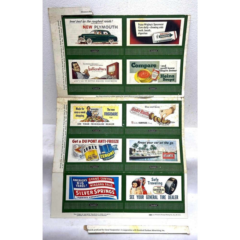 1951 Lionel Postwar O-Gauge Original Sheet of 10 Billboard Signs